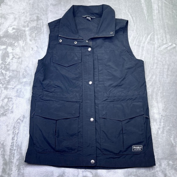 Eddie Bauer Womens Black Utility Vest Pockets Snap Button Up Lightweight Sz S - Picture 1 of 10